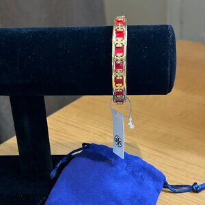 Tory Burch Red Enamel Raised Logo Cuff Bracelet